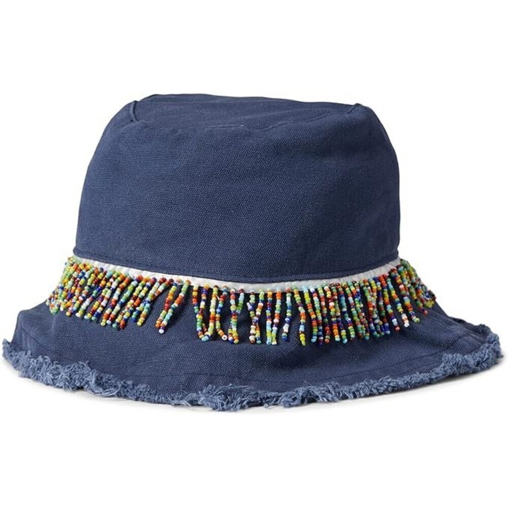 Badgley Mischka Women One Size Indigo Cotton Beaded Trim Woven Bucket Hat RED896